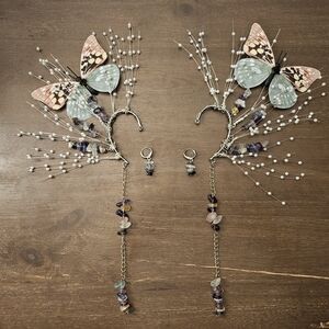 Butterfly Wing Ear Cuffs with Dangle Gemstones - Pink & Mint